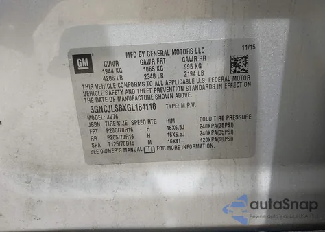 2016 Chevrolet Trax Lt из США, поврежденный, VIN 3GNCJLSBXGL184118